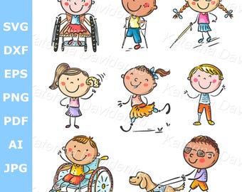 Könnte beinhalten: Eine Illustration von acht Kindern mit verschiedenen Behinderungen. Die Kinder lächeln und scheinen glücklich zu sein. Ein Kind sitzt im Rollstuhl, ein anderes benutzt Krücken, ein anderes einen Stock, ein anderes einen Blindenhund, ein anderes hat ein Beinprothese, ein anderes einen Arm prothese, ein anderes ist taub und ein anderes ist blind.