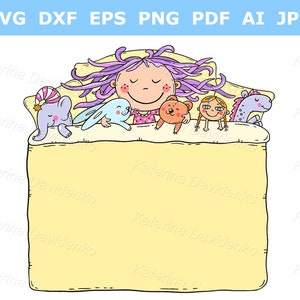 Cute girl sleeping with her toys, the blanket being a blank frame with a copy space. Cartoon kid clipart