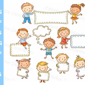 Niños de dibujos animados con carteles en blanco, bocadillo de diálogo, pancarta, ilustraciones vectoriales, arte infantil, archivos SVG y PNG, niños, imágenes prediseñadas para uso comercial