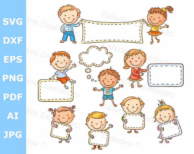 May include: A set of nine colorful cartoon children holding blank signs with dotted borders. The signs are perfect for adding your own text or images.