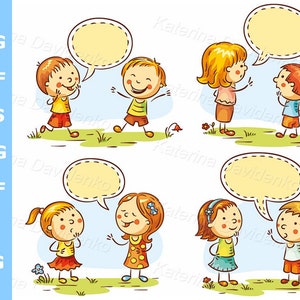 May include: A colorful cartoon illustration featuring four pairs of children with speech bubbles. The children are depicted in various poses, with a grassy background and a light blue sky. The image includes the text "SVG, DXF, EPS, PNG, PDF, AI, JPG".