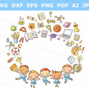 Clipart escolar. Niños de dibujos animados con muchos útiles escolares. Clipart de regreso a clases. Clipart de niños y diferentes objetos.