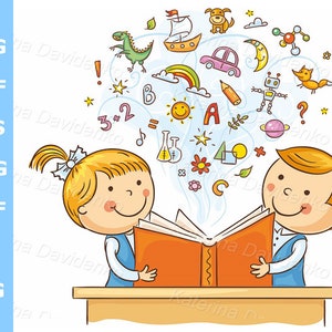 Niños leyendo un libro juntos. Imágenes prediseñadas de educación, niños leyendo, imágenes prediseñadas de enseñanza, imágenes prediseñadas escolares, escolares, colegial, niña.