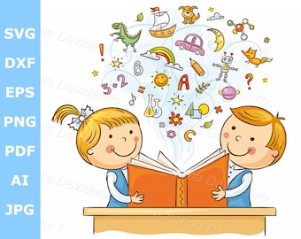 Children Reading a Book Together. Education clipart, Children reading, teaching clipart, school clipart, schoolchildren, schoolboy, girl