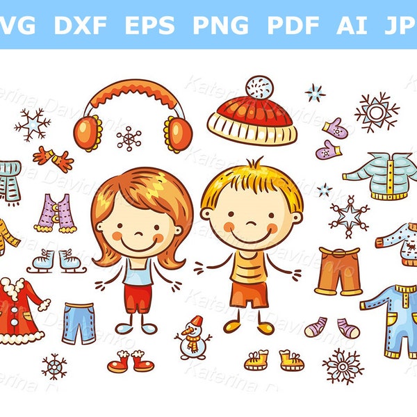 Winter children clothes clipart set. Cartoon boy and girl illustration. Season weather clipart, kids clothes, vector illustration