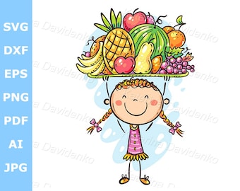 Healthy Food Clipart. Cute Cartoon Girl with Fruit Basket. Nutrition Illustration. Commercial Use