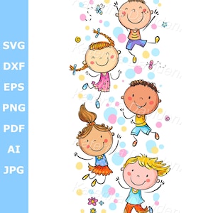 Clipart de niños felices de dibujos animados. Niños saltando de alegría, descarga digital, ilustración vectorial.