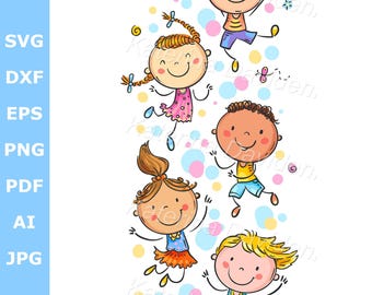 Happy cartoon kids clipart. Doodle children jumping with joy, digital download, vector illustration