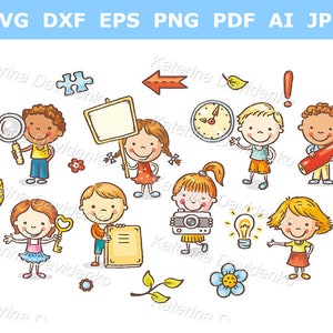Сartoon kids clipart set. Children with objects clipart. Child holding book, kid with clock, girl holding banner, doodle kids commercial use
