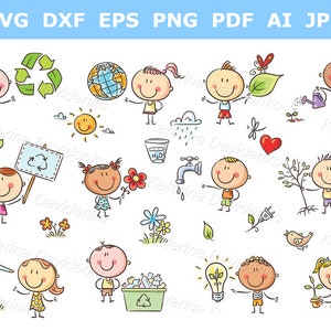 Kids clipart set. Doodle cartoon kids with ecology concepts clipart. Children and green energy. Save planet clipart. Digital download
