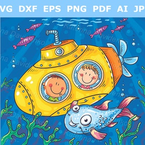 Peut inclure: Illustration de dessin animé d'une scène sous-marine avec un sous-marin jaune et deux enfants regardant par les fenêtres. Un poisson bleu nage à proximité. Des poissons violets et des algues vertes sont également présents.