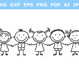 Figuras de palo Archivo PNG Doodle Niños Clipart Dibujos animados Niños pequeños Ilustración vectorial en blanco y negro Niños felices Clip Art