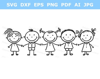 Stick Figures PNG File Doodle Kids Clipart Cartoon Little Children Black and White Vector Illustration Happy Kids Clip Art