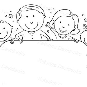 May include: Black and white line drawing of a family of four with a cat. Two adults and two children are smiling and looking over a blank sign. The children are on the sides and the adults are in the middle. A small cat is sitting on the right side of the sign. The image is suitable for a family-themed design, invitation, or announcement.