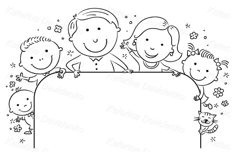 May include: Black and white line drawing of a family of four with a cat. Two adults and two children are smiling and looking over a blank sign. The children are on the sides and the adults are in the middle. A small cat is sitting on the right side of the sign. The image is suitable for a family-themed design, invitation, or announcement.