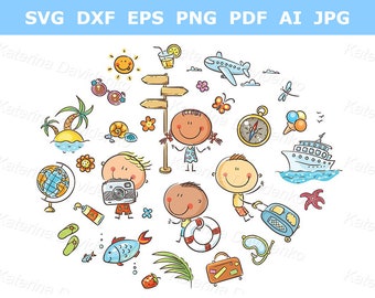 Cartoon travel clipart set. Happy children travelling clipart, hand drawn vector illustration. Vacation clipart