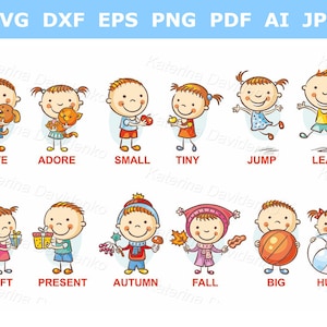 Clipart de regreso a la escuela: Niños de dibujos animados que ilustran adjetivos sinónimos