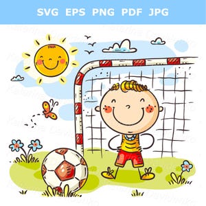 Niño de dibujos animados jugando al fútbol como portero. Clipart de actividades deportivas infantiles, niños y fútbol. Ilustración vectorial, descarga digital.