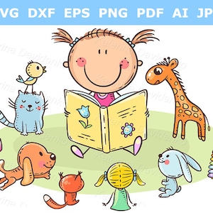 Cartoon kid clipart, doodle little girl reading to toys. Child reading a book, vector illustration. Storytime