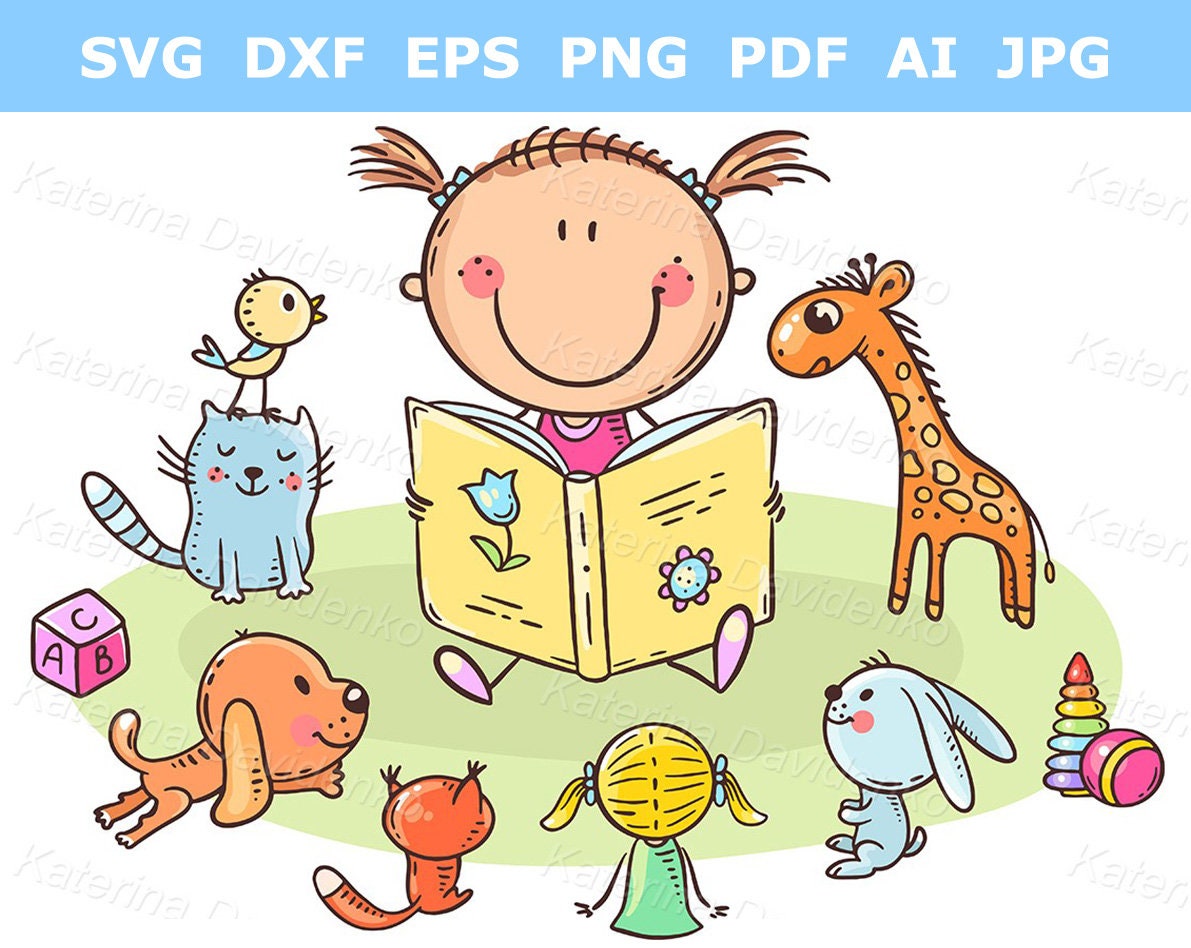 Cartoon kid clipart, doodle little girl reading to toys. Child reading a book, vector illustration. Storytime