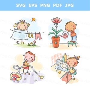 Conjunto de imágenes prediseñadas de niños felices. Niños de dibujos animados que ayudan a sus padres. Imágenes prediseñadas de actividades infantiles en casa. Ilustración vectorial infantil.