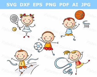 Happy cartoon doodle kids going in for sport clipart