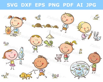 May include: A colorful illustration of children with their pets. The children are drawn in a simple cartoon style and are holding various animals, including a hamster, a turtle, a lizard, a bird, a cat, a dog, and a fish in a bowl. The illustration is set against a white background.