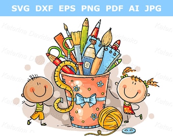 Clipart creativo per bambini felici. Bambini con attrezzi per il bricolage. Clipart per bambini.