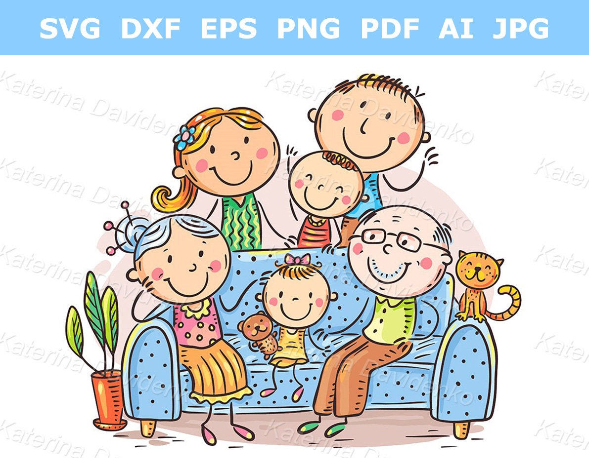 Doodle family clipart. Happy big family portrait. Cartoon family clipart for shop banners, illustration for advertisements, commercial use