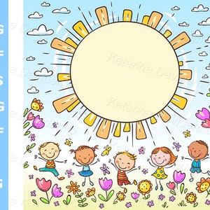 Happy cartoon kids clipart. Sun frame with doodle kids. Summer season illustration. Children banner clipart