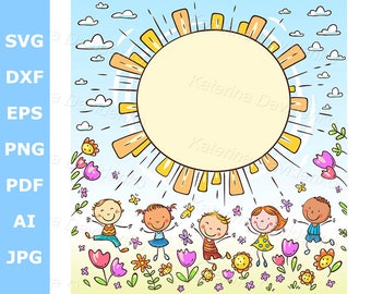 Happy kids clipart. Sun frame with happy doodle kids and a round copy space. Summer illustration. Children banner clipart