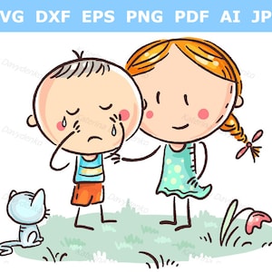 Dibujo de un niño llorando y una niña consolándolo. Imágenes prediseñadas de emociones infantiles.