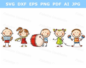 Doodle kids musician clipart. Cartoon children with different musical instruments, playing music and singing song