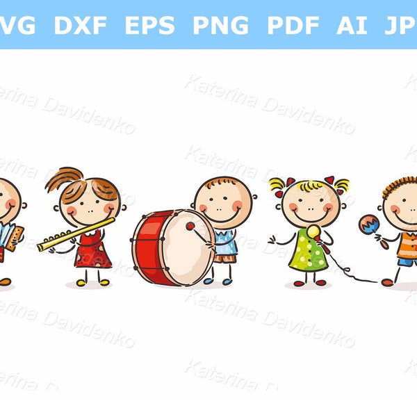 Doodle kids musician clipart. Cartoon children with different musical instruments, playing music and singing song