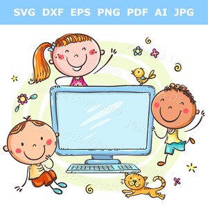 May include: Three cartoon children are sitting in front of a computer. The computer has a blank screen. A yellow bird and a cat are in the background.