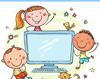 Glückliche Kinder und Computer, Technologie Clipart, Kinder mit Computer, Doodle Kinder Clipart, Lernillustration, Computer Clipart