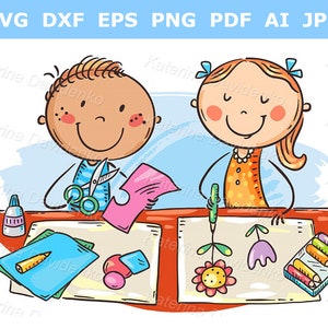 Cartoon doodle school kids enjoy crafting together - children creative activities clip art
