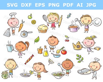Cartoon doodle kids cooking clipart - food illustration set svg pdf png