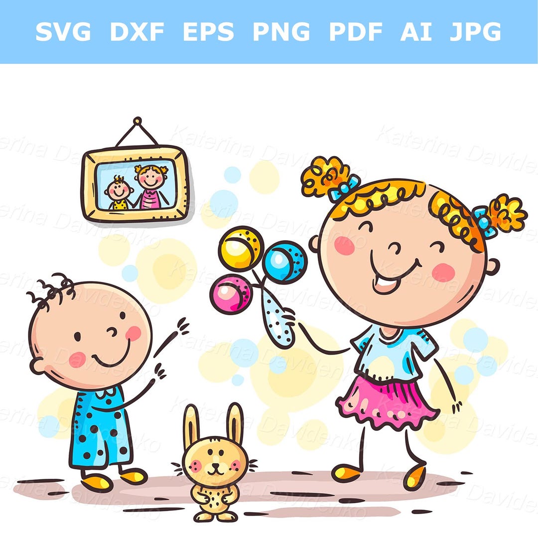 Geschwister, die zusammen spielen. Baby Bruder und große Schwester.  Niedliche Cartoon Kinder spielen mit Spielzeug. Kinder Clipart.  Handgezeichnete Vektorgrafik - Etsy Schweiz, image size:1080x1080