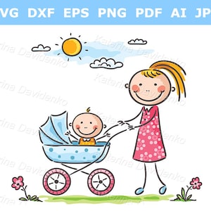 Clipart de una familia feliz con dibujos animados. Madre y bebé paseando. Mamá paseando por el parque con un bebé en un cochecito.