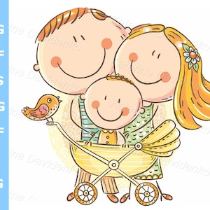 Glückliche Cartoon-Familie mit Kind im Kinderwagen. Doodle Familie Clipart für Produkt-Etiketten, Shop Banner, Baby Shop Display