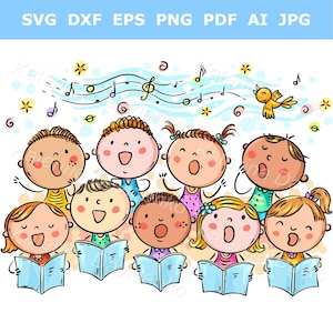 Coro infantil de dibujos animados. Coro infantil cantando. Grupo de niños cantando. Actuación grupal. Niños cantando juntos.