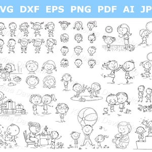 Conjunto de imágenes prediseñadas de niños de dibujos animados con diferentes emociones. Imágenes prediseñadas de niños en blanco y negro. Ilustración vectorial dibujada a mano. Niños con garabatos