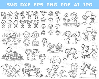 Outline illustration of happy kids with various emotions clipart set