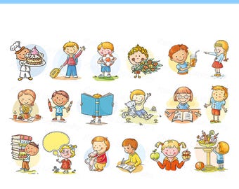 Set di clipart di bambini felici dei cartoni animati. Illustrazione di bambini carini. Bambino che legge un libro, ragazzo che gioca con animali domestici, clipart di attività per bambini