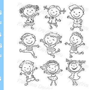 Imágenes prediseñadas de niños de dibujos animados, SVG, PNG y PDF, imágenes prediseñadas de niños: Nueve niños felices bailando o saltando de alegría. Versión con contorno.