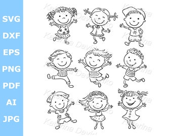 Cartoon kids clipart, SVG PNG PDF, children clipart - Nine happy kids dancing or jumping with joy. Outline version