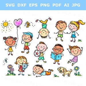 Doodle Cartoon Kinder Clipart. Kinder im Freien Aktivität Clipart, Jungen lesen Buch, Mädchen spielen mit Haustieren, isolierte Kinder Illustration