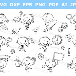 Figuras de palo. Conjunto de imágenes prediseñadas de Doodle Kids con símbolos. Ilustración vectorial de dibujos animados de niños en blanco y negro