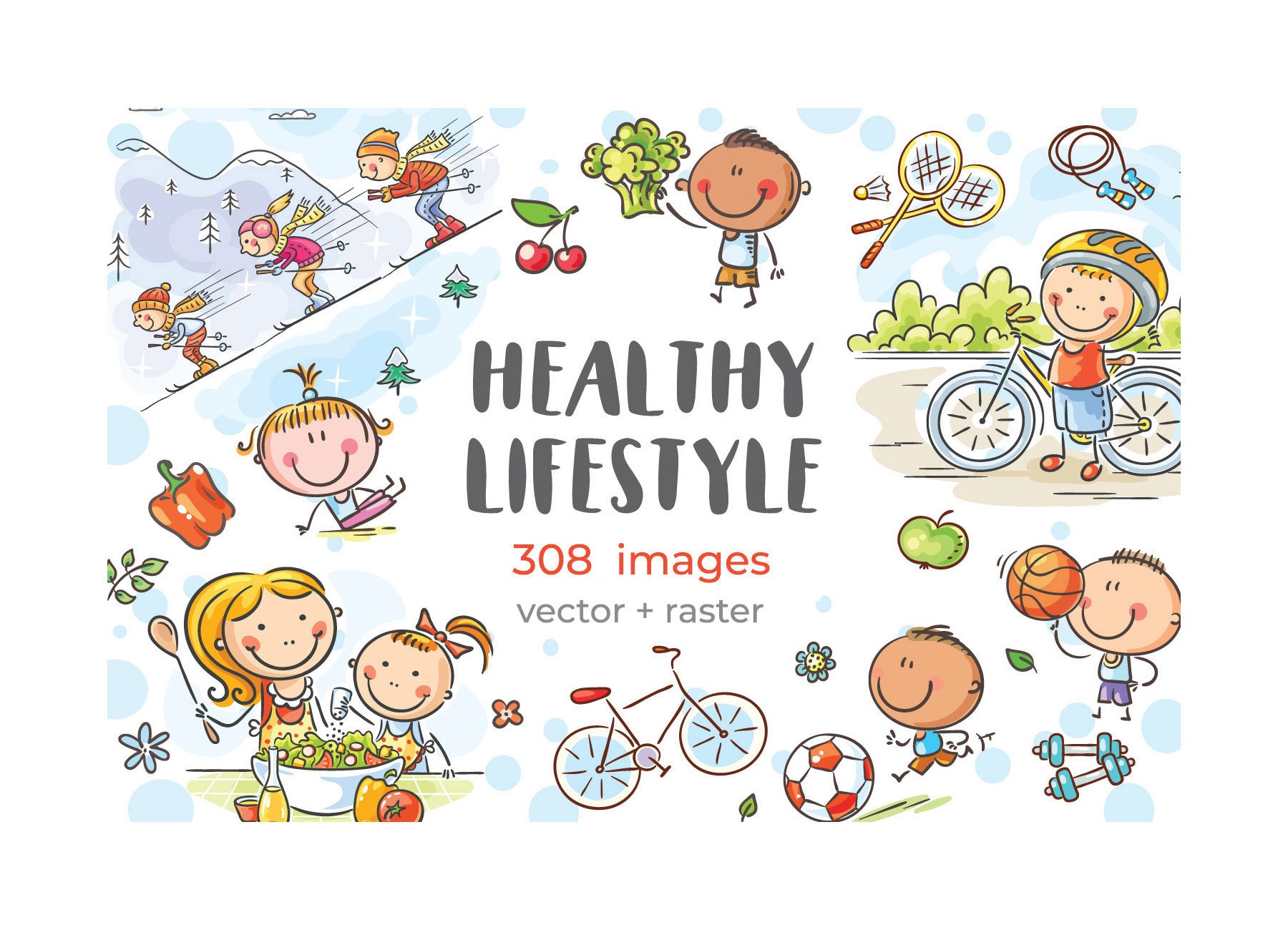 Healthy Lifestyle Clipart. Cartoon Happy Kids and Families Doing Sports and  Eating Healthy Food. Cartoon Doodle Family Activities Clipart - Etsy